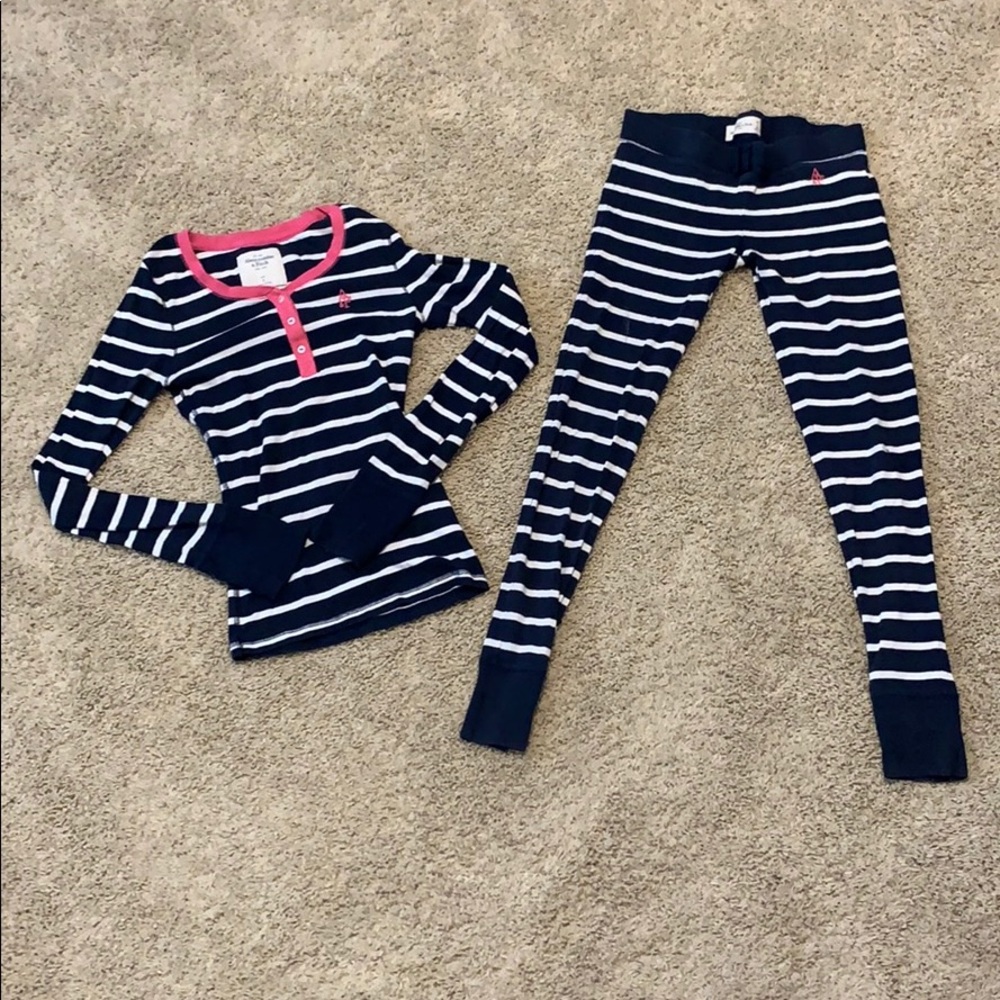 Navy blue and white striped and A&F pajamas